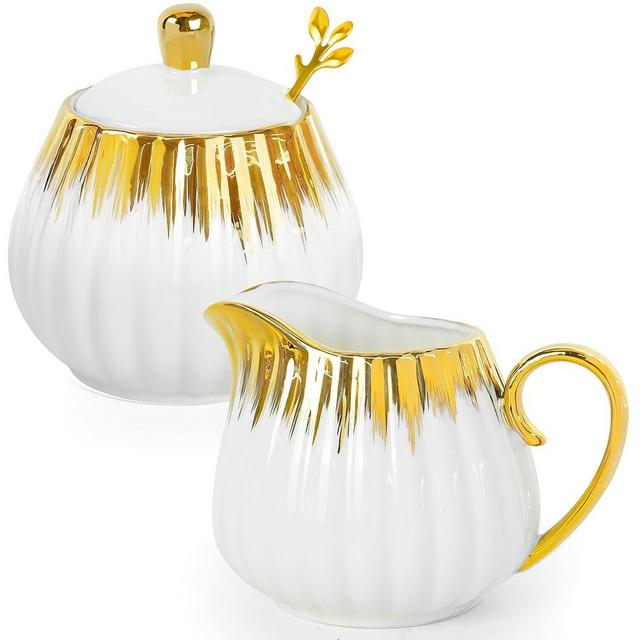 Ceramic Sugar and Creamer Set, Cream Pitcher Sugar Bowl with Lid and Spoon, Sugar and Creamer Container for Coffee Bar (3)