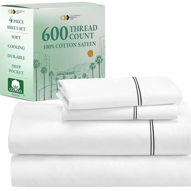 California Design Den Luxury Queen Size Sheet Set - 100% Cotton, 600 Thread Count Deep Pocket Queen Sheets, Hotel-Quality Bedding with Sateen Weave - White Embroidered Grey