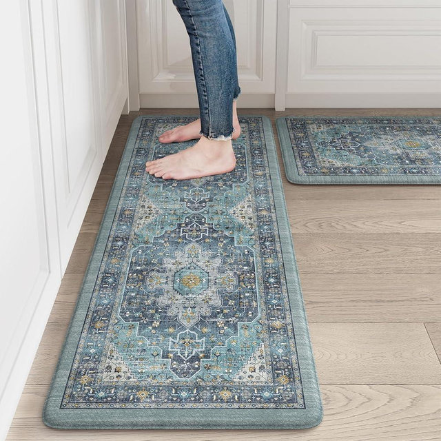 LEEVAN Kitchen Mats for Floor Non-Slip, Blue Cushioned Anti Fatigue Mat 2 Piece, Memory Foam Kitchen Mat Waterproof, Ergonomic Standing Mat for Bar, Office,Desk, Laundry