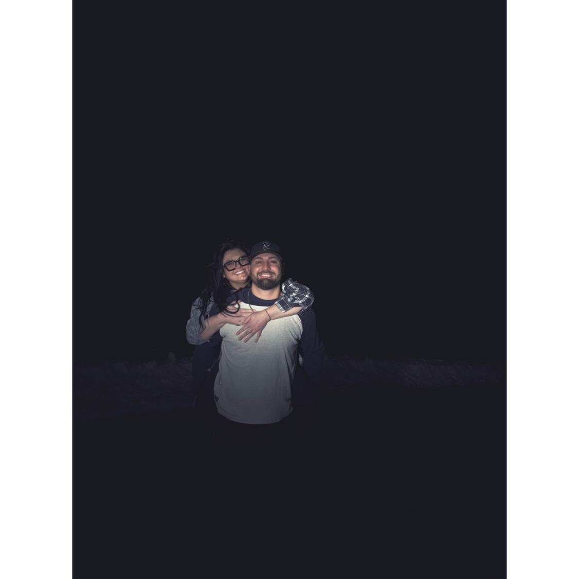 Our first picture together! A snowy night on skyline drive.