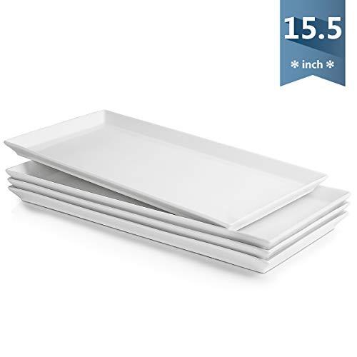 Sweese 703.101 White Serving Platters, Porcelain Serving Trays for Parties, Rectangular Plates - 15.5 Inch, Set of 4