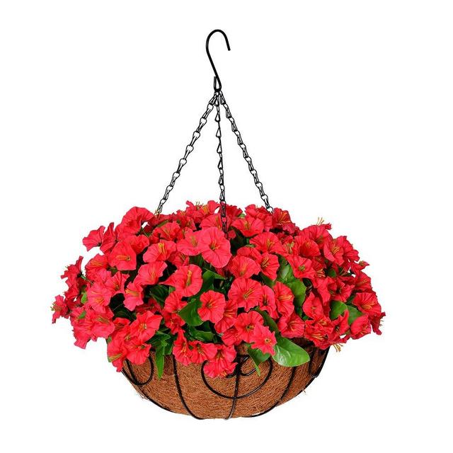 Homsunny Artificial Hanging Flowers in Basket, Silk Flower with 12 inch Flowerpot Centerpieces ,Fake Hanging Plants in Coconut Lining Hanging Baskets for Outdoors Indoors Courtyard Decor (Rose red)