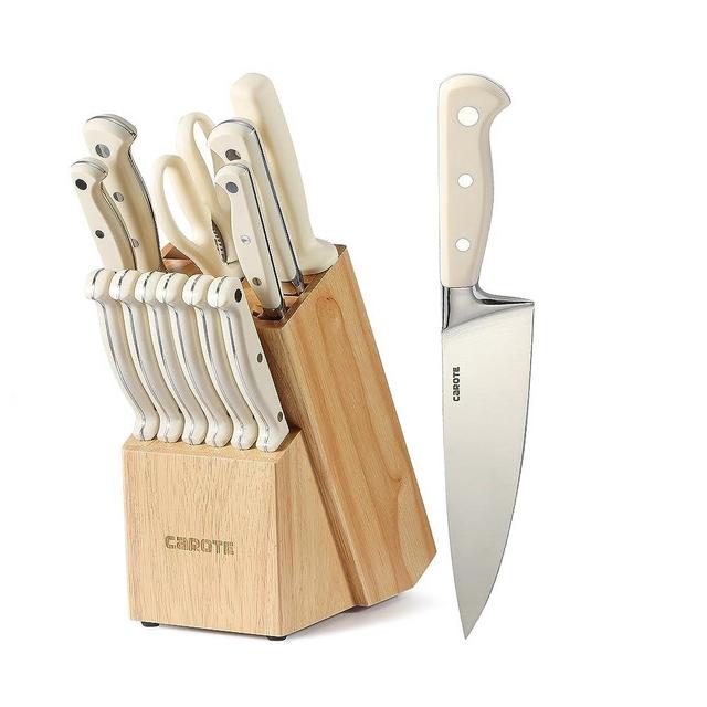 CAROTE 14 Pieces Knife Set with Wooden Block High Carbon Stainless Steel Knives Dishwasher Safe with Sharp Blade Ergonomic Handle Forged Triple Rivet-Pearl White