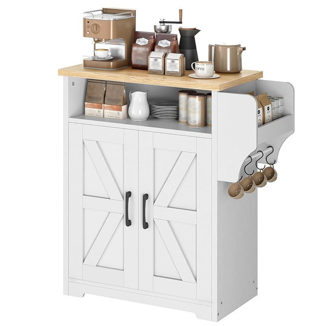 YATINEY Coffee Bar Cabinet, Kitchen Island with Storage, Farmhouse Sideboard Buffet Cabinet with Dual-Purpose Floating Shelf and Hooks, for Kitchen Living Room, White and Natural KF22WN
