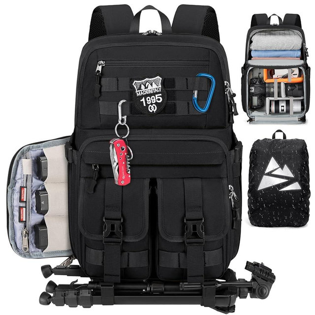 RAINSMORE Camera Bag Backpack for DSLR/SLR/Mirrorless Camera Bags for Photographers 15.6 Inch Waterproof Tactical Photography Case with Rain Cover & Tripod Holder, Black