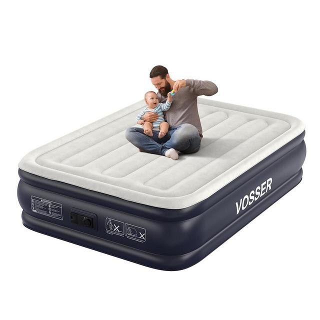 VOSSER Air Mattress Full with Built in Pump,18''Inflatable Mattress of Upgraded Vertical Beams,Self Inflatable/Deflation Blow Up Mattress in 3 Mins,Flocked Top Airbed with Carry Bag for Home, Camping