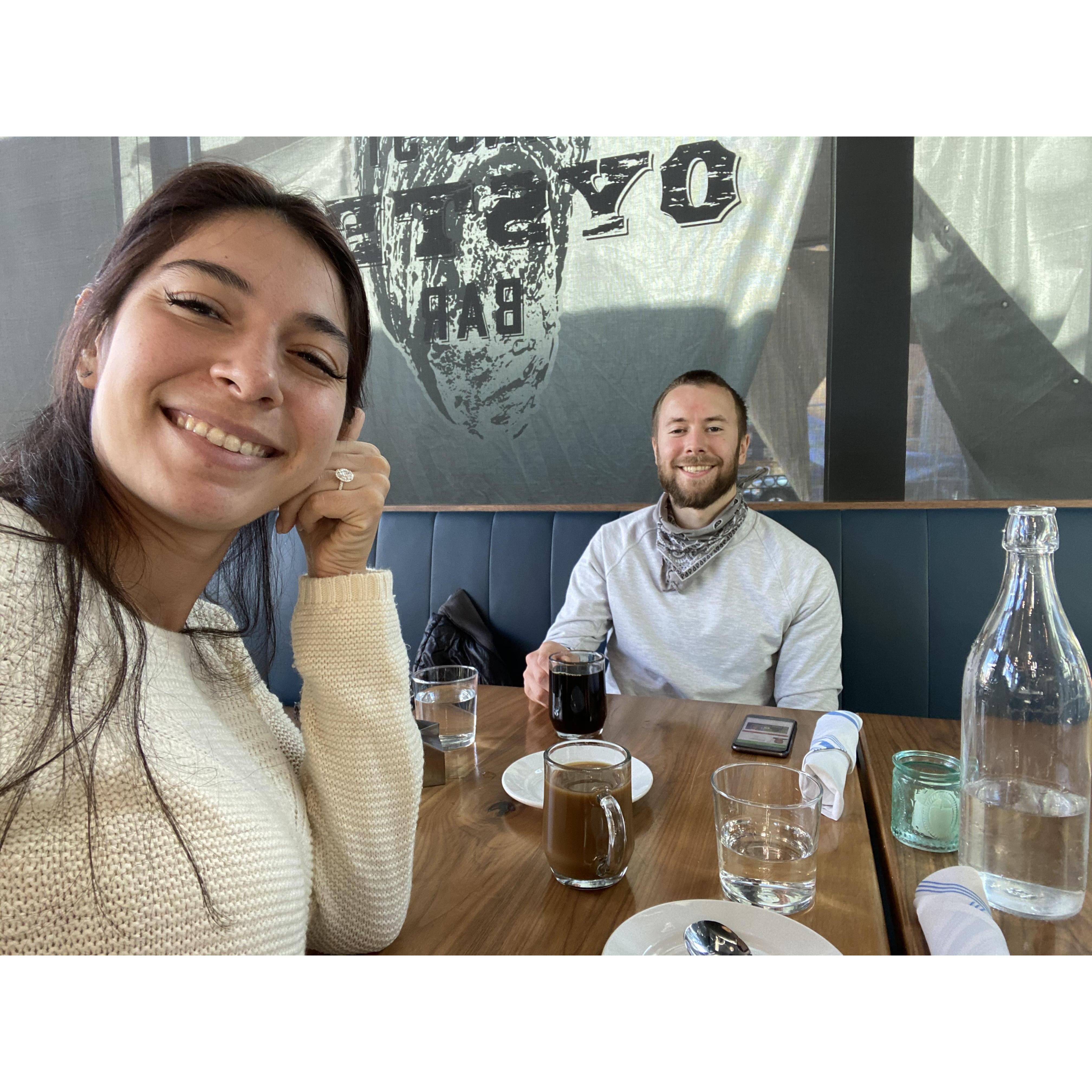 Our first brunch as an engaged couple at our spot, King Street Oyster Bar.