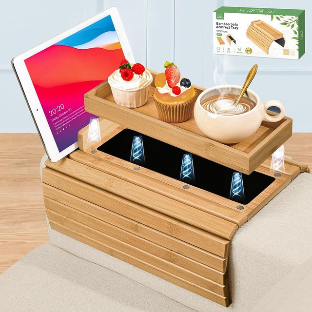 Joy&Grace Couch Arm Tray, 3-in-1 Magnetic Detachable Sofa Arm Table with Phone or Tablet Holder Couch Cup Holder, Foldable Sofa Armrest Tray for Eating, Drinks, Phones (Natural)