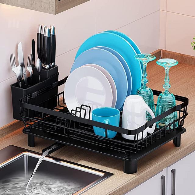 Dish Drying Rack,MOUKABAL Dish Rack,Dish Racks for Kitchen Counter,Dish Drainer with Removable Utensil Holder,Dish Drying Rack with Drainboard and Swivel Spout(Black)