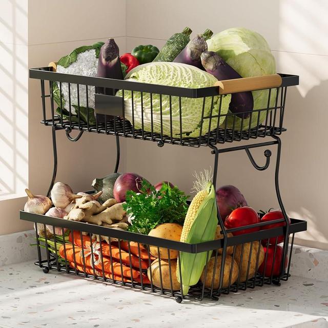 Astrorhine 2 Tier Fruit Basket for Kitchen with 2 Banana Hangers, Detachable Metal Fruit Bowl for Kitchen Counter with Wooden Handle, Large Capacity Storage Stand for Bread Snack Fruit Veggies, Black