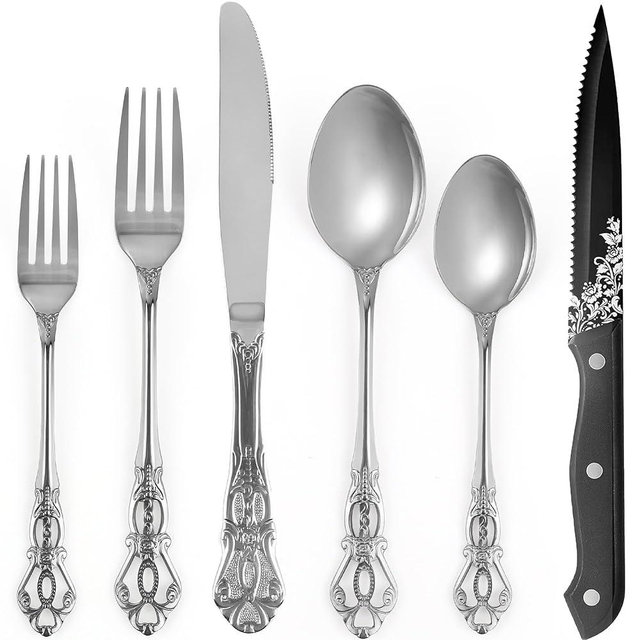 Runfly Retro Royal Silver 48 Pieces Flatware Set, Gorgeous Silver Silverware Set For 8, Anti-rust Stainless Steel dark Cutlery Set Utensils Including Fork Spoon and Knife