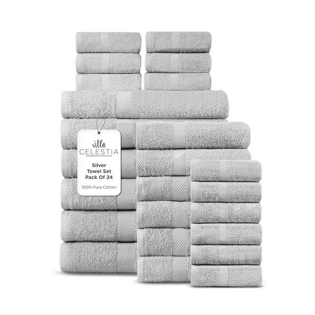 Villa Celestia 100% Cotton Bath Towel Set of 24-6 Bath Towels, 6 Hand Towels, 12 Wash Cloths, Sustainable, Soft, Highly Absorbent, Combed Cotton 24 Piece Set for Hotels, Spa, Bathroom, Dorm, Silver