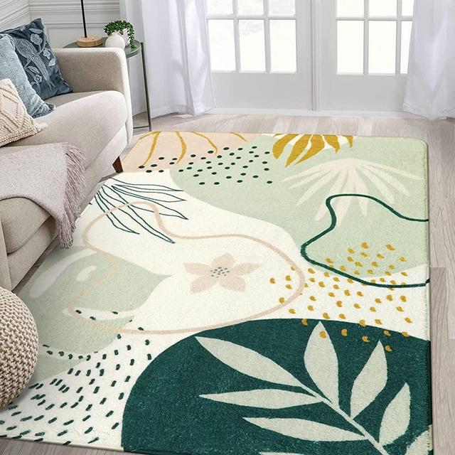 Lahome Green Botanical Print Washable Rugs - 5x7 Area Rugs for Living Room Boho Throw Large Bedroom Kitchen Rug Non-Slip Low-Plie Entryway Rug Floor Mat Carpet for Dining Laundry Room Office Rug