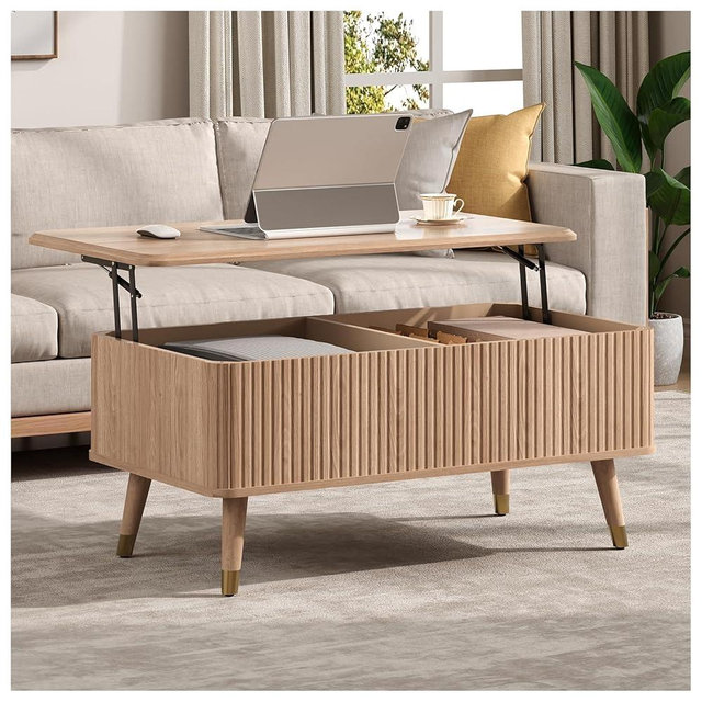 Lift Top Coffee Table, Mid Century Modern Coffee Table with Hidden Storage Compartment, 38" Fluted Center Table for Living Room, Home Office, Natural Oak