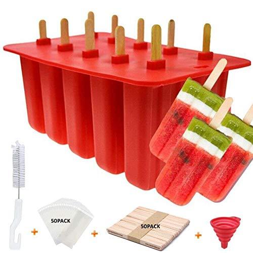 AZONBEY Popsicle Molds Shape Maker,10pcs Homemade ICE Pop Molds Food Grade Silicone BPA-Free Popsicle Moulds with 50 Popsicle Sticks 50 Popsicle Bags Silicone Funnel,Cleaning Brush(Red)