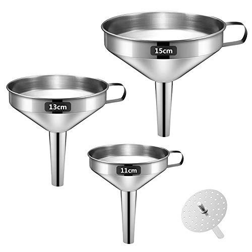 Betrome Stainless Steel Funnel Set of 3 with 1 Removal Stainless Steel Strainer. (6"/5"/4.3")