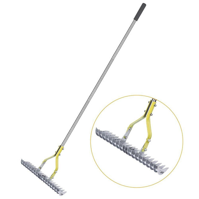 BARAYSTUS Thatching Rake 15-Inch Wide for Cleaning Dead Grass Efficient Steel Metal Grass Rake with Stainless Steel Handle Lawn loosening Soil 58.5-Inch Length