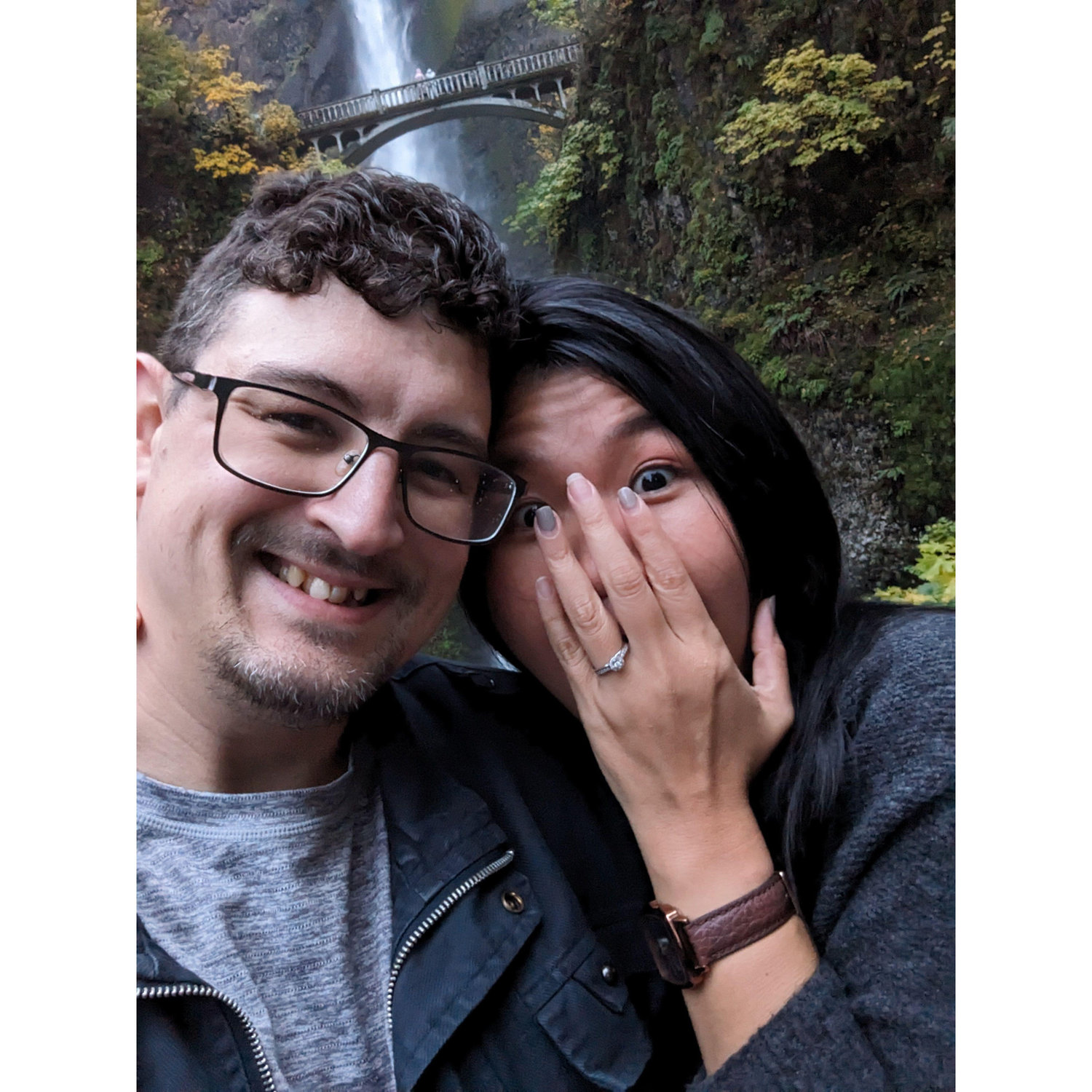 Arriving at Multnomah falls, we were boyfriend and girlfriend, but leaving Multnomah Falls, we became engaged.