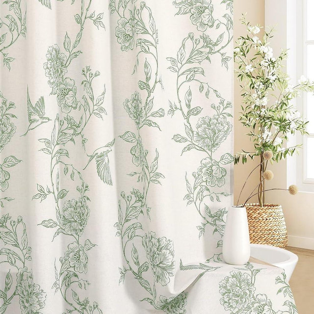 MitoVilla Sage Green Farmhouse Shower Curtain Set, Cotton Floral Hummingbird Cottagecore Spring Shower Curtains for Bathroom, Modern Country Bathroom Décor, 72" W x 72" L