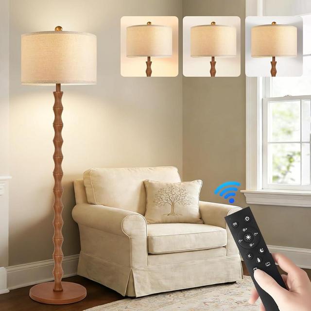 ZECOXOL Wood Floor Lamp with 3 Color Temperatures,Boho Floor Lamp with Remote Control,Dimmable Vintage Floor Lamp Mid Century Modern Standing Lamp Farmhouse Tall Pole Lamp for Living Room Bedroom