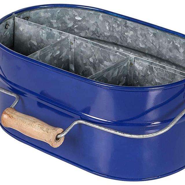 Farmhouse Utensil Caddy Carry-All and Silverware Holder | Galvanized Metal Organizer with Sturdy Dividers | For Flatware, Condiments, Party Cutlery, Arts and Crafts Supplies 12" x 8" x 5" -Ink Blue
