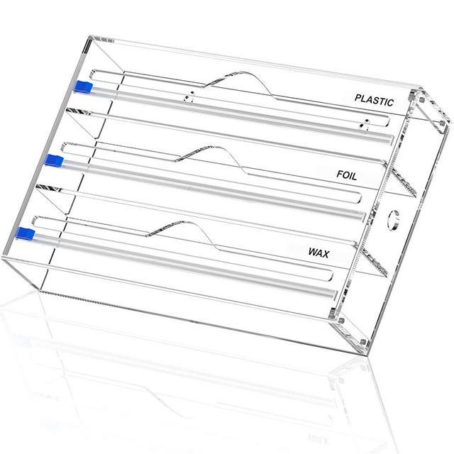 3 in 1 Wrap Dispenser, NPPLUS Acrylic Foil Dispenser with Slide Cutter and Labels, Plastic Wrap, Aluminum Foil and Wax Paper Organizer Holder for Kitchen Drawer, Fits 12" Roll, Clear