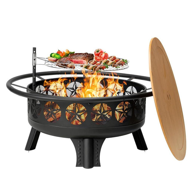 Verdeluxe 38” Wood Burning Fire Pits for Outside,3-in-1 Fire Pit with Grill, Spark Screen & Fire Poker,Outdoor Firepit Table with Swivel Cooking Grate for Yard BBQ Bonfire Patio Camping (38 inch)