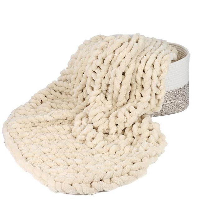 Spetime Chenille Chunky Knit Throw Blanket, Big Chenille Yarn Braided Crochet Throw Blanket: Handmade Soft Comfort for Couch Bed Sofa (Light Brown, 50"x60")