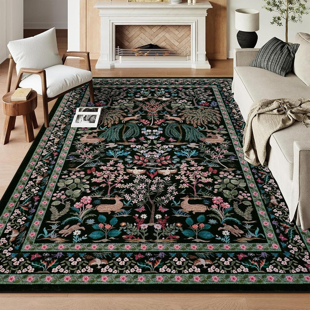 OJIA Black Rugs for Living Room 8x10 Washable Area Rugs for Bedroom, Boho Nature-Inspired Large Carpet Non-Slip Ultra-Thin Soft Floral Boho Nursery Rug for Kids Playroom Dining Room Home Decor