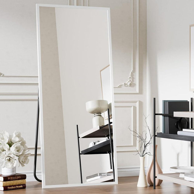 Koonmi Large Mirror Full Length 34"x76", Tempered Glass Floor Body Mirror with Stand, High Definition Imaging, Metal Frame, Hanging Leaning or Standing, Silver