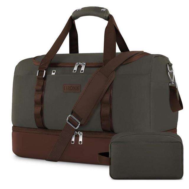 ETRONIK Travel Bag for Men Women, Duffle Bag & Gym Bag with Shoe Compartment, Weekender Overnight Bag with Toiletry Bag, Carry on Bags for Airplanes for Travel, Trip, Gym, Yoga Green-Brown