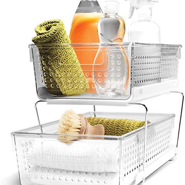 madesmart 2-Tier Organizer, Multi-Purpose Slide-Out Storage Baskets with Handles, Clear