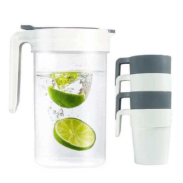 Plastic Water Pitcher Set with Lid, Iced Tea Pitcher with 4pcs Cups, 2 Quart/61 OZ Airtight Juice Pitcher Jug Pitcher for Hot/Cold Water