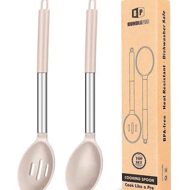 Pack of 2 Large Silicone Cooking Spoons,Non Stick Solid Basting Spoon,Heat-Resistant Kitchen Utensils for Mixing,Serving,Draining,Stirring (STAINLESS STEEL KHAKI)