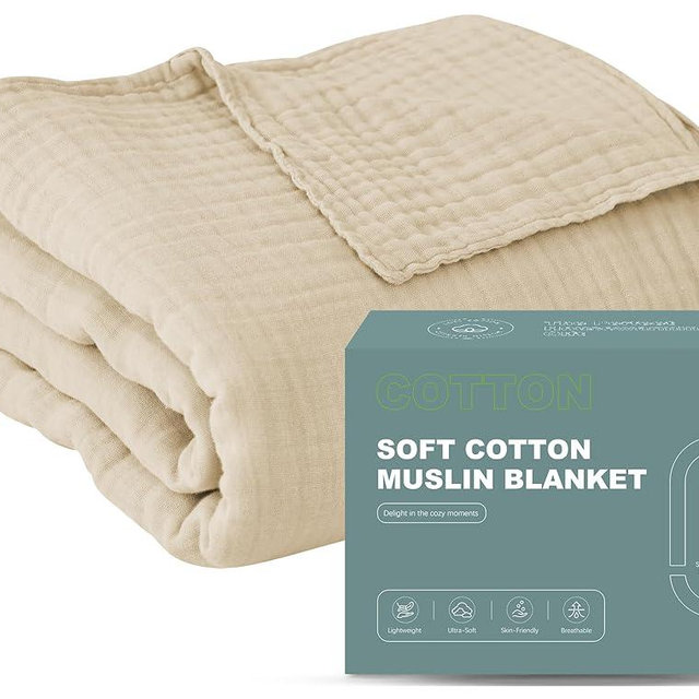 Cosy Family 4 Layer Muslin Bed Blanket - Breathable and Lightweight Gauze Boho Blanket for Spring, Soft 100% Cotton Muslin Blanket, Light Tan, 80x90 Inches