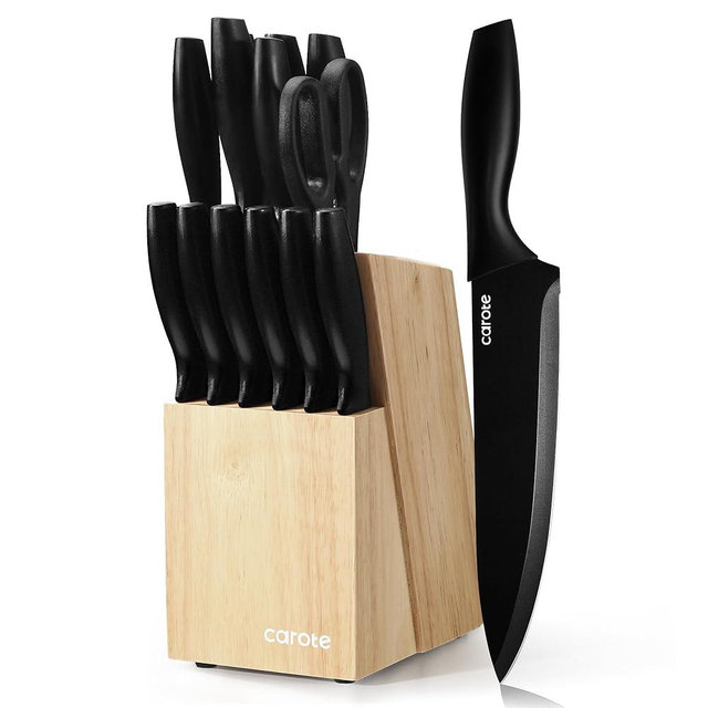 CAROTE 15Piece Knife Set, Kitchen Knife Block Set, Elegant Ceramic-Coated Blades with Stylish Wooden Block for Modern Culinary Excellence, Black