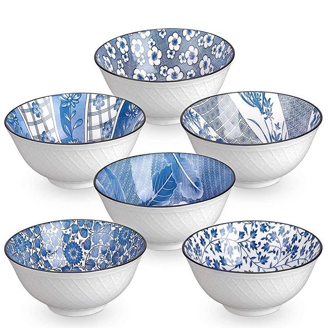 DeeCoo 6 Pack 24-Ounce Japanese Style Ceramic Cereal Bowls for Cereal, Salad, Soup, Pho, Ramen, Dessert, Rice, Noodle, Pasta Bowl Set - Microwave Safe, Stackable, Blue and White, Assorted Patterns