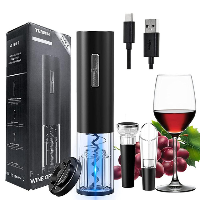 Electric Wine Opener TEBIKIN Automatic Wine Bottle Opener Set Corkscrew Rechargeable Type-C Port with Vacuum Stopper Pourer Foil Cutter Wine Accessories Gifts Party Home