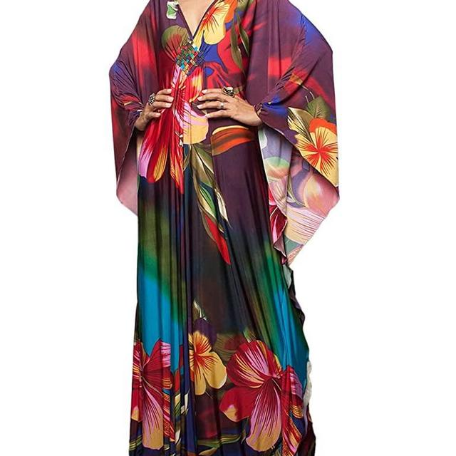 Bsubseach Women Ethnic Print Kaftan Beach Dress Plus Size Swimsuit Cover Up