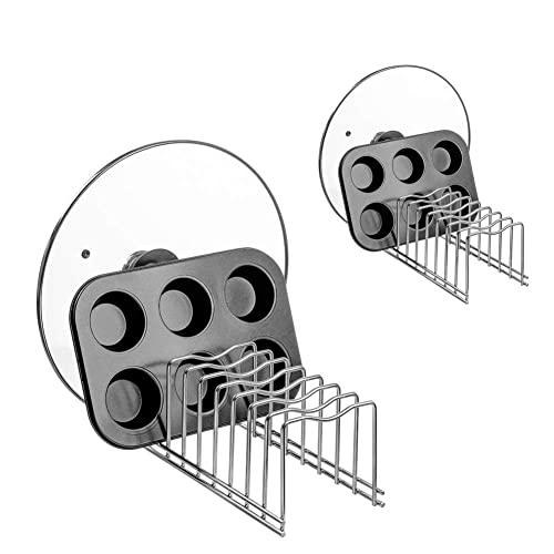 Slideep Lid Organizer, Kitchen Dish Plate Storage Organizer and Drying Rack, Bakeware Pot Lid Rack Holder Organizer, Pantry and Cabinet Holder,Set of 2