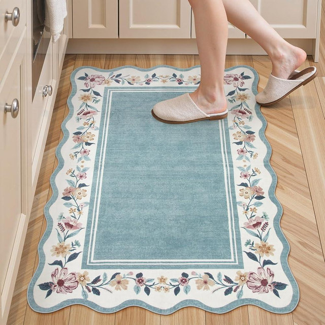 Lahome Floral 2x3 Blue Kitchen Rugs, Small Rugs for Entryway Non Slip Washable Rug Ultra-Thin Front Door Rug Indoor Entrance,Boho Stain Resistant Scalloped Throw for Bathroom Bedroom (Blue
