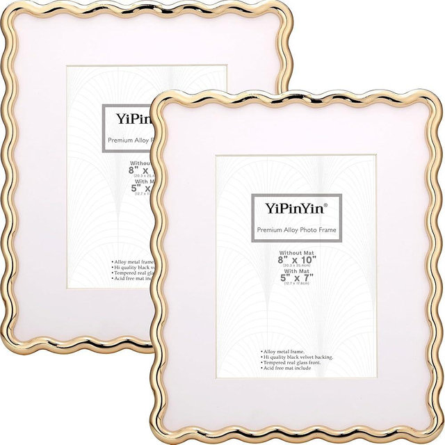 YiPinYin High-End Gold 8x10'‘ Heavy-Duty Zinc Alloy Picture Frames 2-Pack,with Acid-Free Mats for 5x7’',Unique Wave Design,with Soft Velvet Backing,for Desktop Display and Wall Hanging