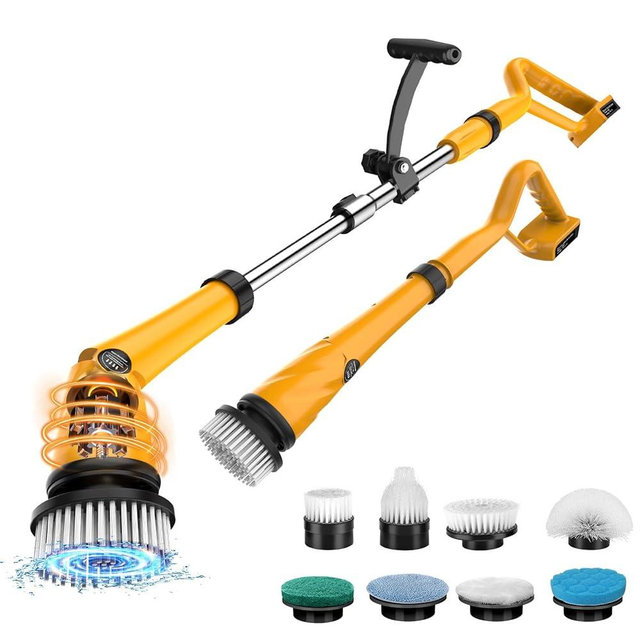 1500 RPM Electric Spin Scrubber for DeWalt 20V Battery, Power Shower Scrubber for Bathroom/Floor/Bathtub/Toilet/Tile,Electric Cleaning Brush with Long Handle & 8 Replaceable Brush (Yellow)