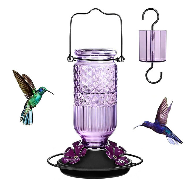 FEED GARDEN Glass Hummingbird Feeder for Outdoors Hanging, 16 OZ Humming Bird Feeders with 4 Bee Guard Feeding Ports&Built-in Ant Moat, Hummingbird Gifts for Mom Bird Feeder for Outside, Purple,1 Pack
