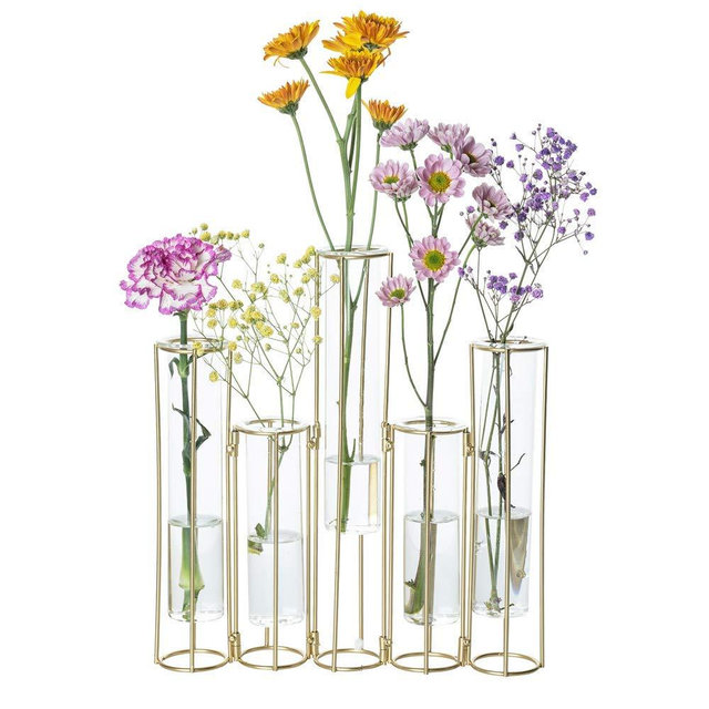 Test Tube Vase for Flowers, Glass Vase with Metal Stand Racks Hydroponic Test TubeVase Set of 5, Gold Hinged Plant Vases Display Set Table Centerpieces Vase for Home Decor (Gold)