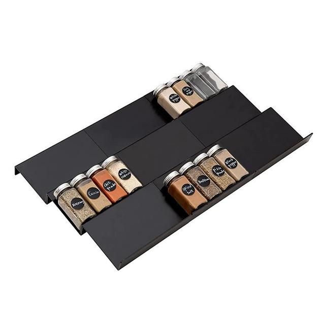 IHOMECOOKER Expandable Spice Rack Drawer Organizer for Kitchen Cabinets- 3 Tiers for Salt, Pepper Spice Jars, Seasonings, Vitamins , Set of 9- Black