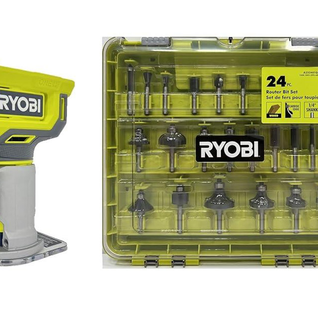 RYOBI ONE+ 18V Cordless Fixed Base Trim Router with 24-Piece Router Bit Set A252401 (Bulk Packaged)
