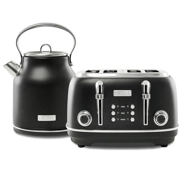 Haden Heritage 4 Slice Wide Slot Stainless Steel Toaster Bundled with 1.7 Liter Stainless Steel Electric Water Kettle, Black & Chrome