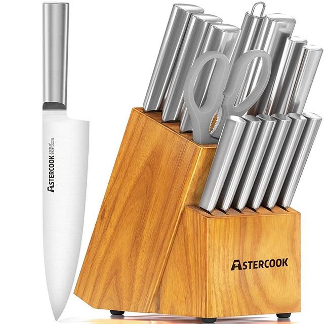 Knife Set, 15 Pieces Hollow Handle Kitchen Knives Set with Block Wooden, Chef Knife Set with Knife Sharpener, Steak knives, German Stainless Steel Knife Set and Scissors，a Gift Box of Cutlery Set (1)