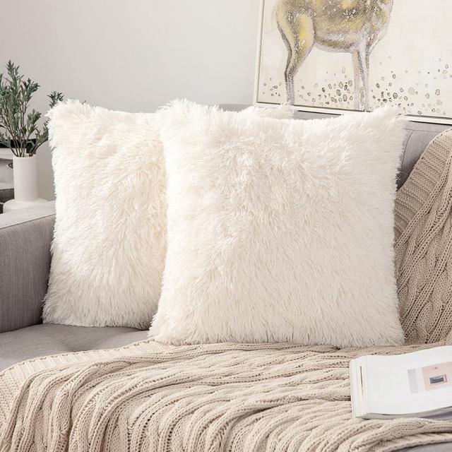 ANRODUO Pack of 2 Beige Throw Pillows Luxury Fluffy Pillows Faux Fur Decorative Pillows Plush Cushion Case Fuzzy Mongolian Merin Style for Bed Couch Sofa and Living Room Home Decor 26x26 Inch